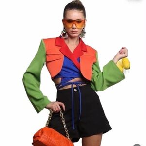 Colorful Cropped Jacket with Black Shorts